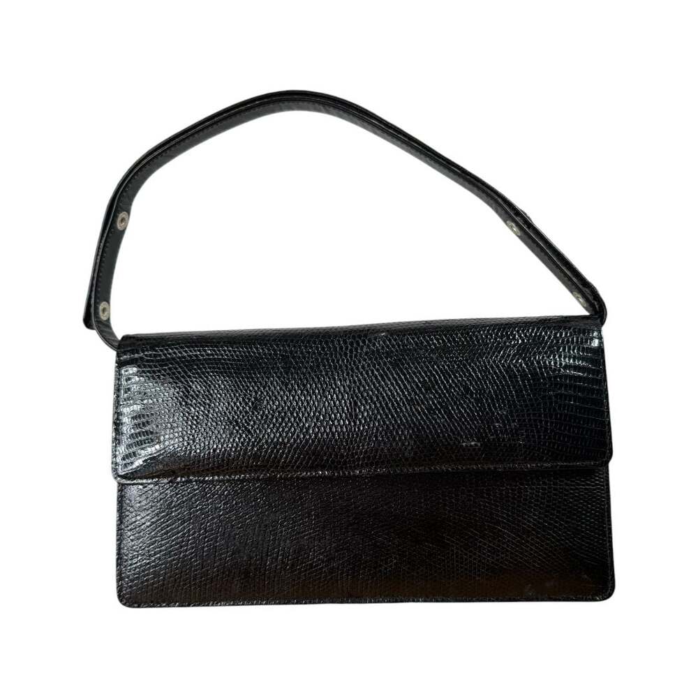 Fouri Vintage Black Lizard Embossed Leather Shoulder Bag Clutch